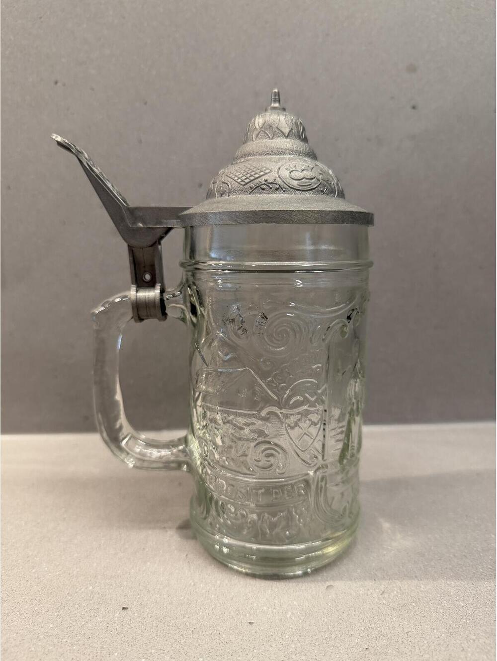 German Style Glass Beer Stein With Pewter Lid Embossed Gemütlichkeit Tankard